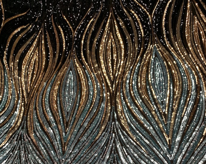 Elegant Wavy Sequins_ Embroidery 4 Way STRETCH SEQUINS Geometric Lace Fabric On Spandex Black Mesh By The Yard. (Gold, Black, Sage, Gray)