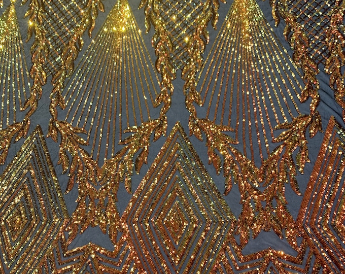 New Sequin Fabric - Orange Iridescent Fabric - 4 Way Stretch Sequin Lace Fabric- Black Mesh Nylon Spandex Fabric By The Yard
