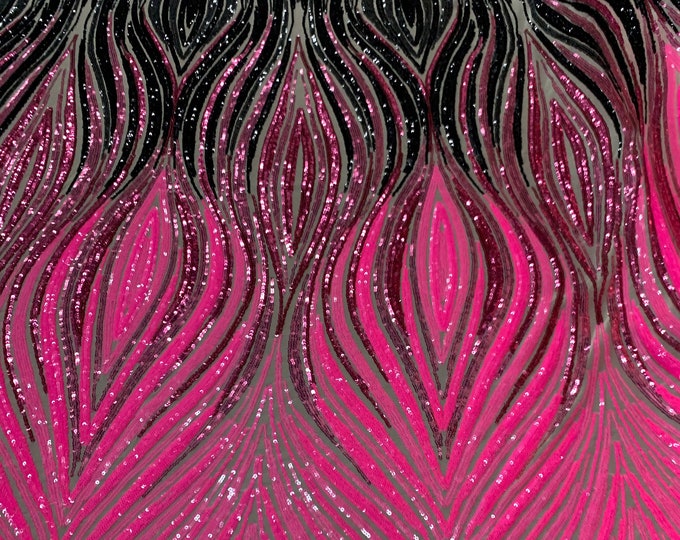 Elegant Wavy Sequins_ Embroidery 4 Way STRETCH SEQUINS Geometric Lace Fabric On Spandex Nude Mesh By The Yard. (Neon Pink,Black, Dusty Rose)
