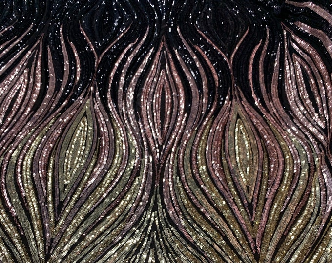 Elegant Wavy Sequins_ Embroidery 4 Way STRETCH SEQUINS Geometric Lace Fabric On Spandex Black Mesh By The Yard. (Gold,Dusty Rose,Navy Black)
