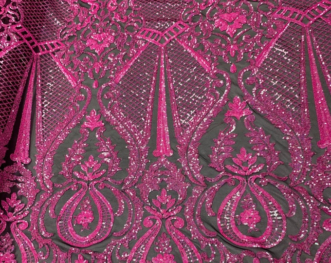 Neon Pink Sequin Fabric By The Yard_ Iridescent 4 Way Stretch Sequins Fabric_ Embroidered Lace Fabric On Black Mesh_ Wedding dress