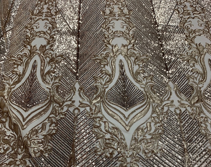Light Gold Spandex Fabric- 4 Way Stretch Sequin Fabric By The Yard- Embroidered Fabric- Lace Sequin FABRIC On Mesh Fabric