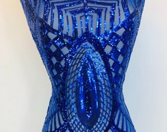 New Royal Blue Sequin Fabric By The Yard/ 4 Way Stretch Sequin Fabric/ Embroidered Fabric/Sequins Lace Fabric/On Mesh Fabric
