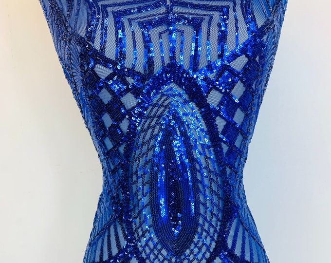 New Royal Blue Sequin Fabric By The Yard/ 4 Way Stretch Sequin Fabric/ Embroidered Fabric/Sequins Lace Fabric/On Mesh Fabric