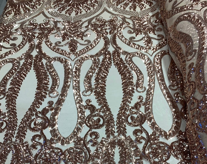 Rose Gold_ Geometric Sequins Spandex_ 4 Way Stretch Sequins Lace Mesh Fabric By The Yard_ Clothing Fabric, Wedding Dress, Prom Dress.