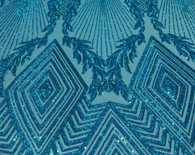 New Sequin Fabric - Turquoise Iridescent Fabric - 4 Way Stretch Sequin Lace Fabric- Mesh Nylon Spandex Fabric By The Yard