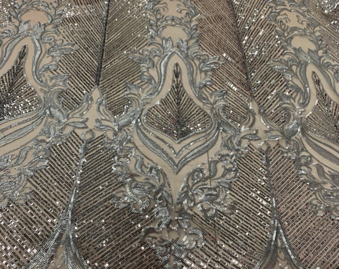 New Fashion (Silver) 4-Way Stretch Sequins Embroidery ON Nude Spandex Power Mesh Lace Fabric By The Yard_ Bridal Wedding Gowns