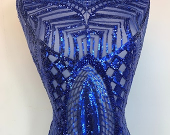 New Royal Blue Sequin Fabric By The Yard/ 4 Way Stretch Sequin Fabric/ Embroidered Fabric /Sequins Lace Fabric/ Sequin One Spandex Mesh