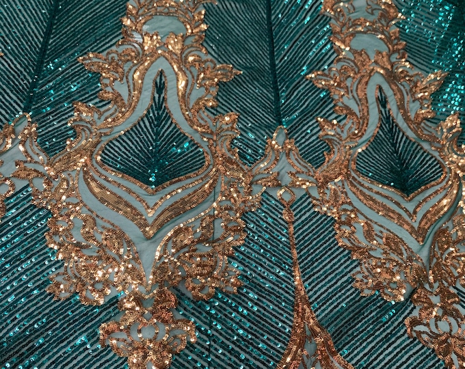 Hunter Green Spandex Fabric- 4 Way Stretch Sequin Fabric By The Yard- Embroidered Fabric- Lace Sequin FABRIC On Mesh Fabric