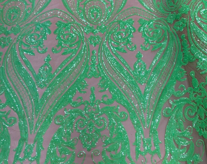 Neon Green Sequin Fabric By The Yard_ Iridescent 4 Way Stretch Sequins Fabric_ Embroidered Lace Fabric On Nude Mesh_ Wedding dress