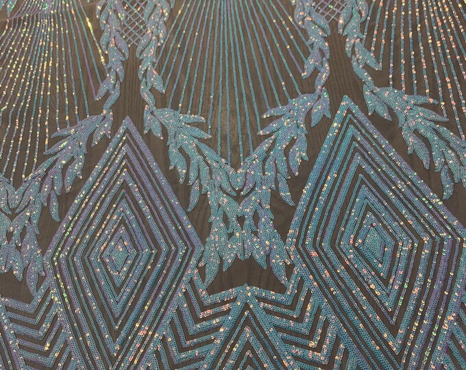 New Sequin Fabric - Sky Blue Iridescent Fabric - 4 Way Stretch Sequin Lace Fabric- Nude Mesh Nylon Spandex Fabric By The Yard