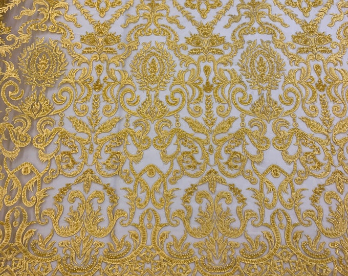 Yellow Beaded Fabric By The Yard/ Lace Fabric / Embroidered Fabric / Beaded Lace Fabric on Mesh Fabric/ GEOMERTERIC Fabric / Wedding Dress