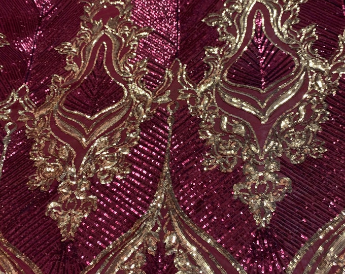 Burgundy Spandex Fabric- 4 Way Stretch Sequin Fabric By The Yard- Embroidered Fabric- Lace Sequin FABRIC On Mesh Fabric
