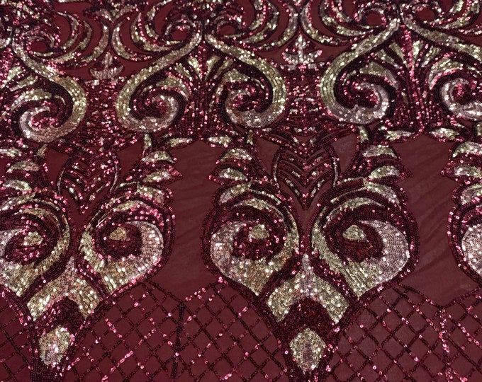 Burgundy Pink Iridescent Fabric- 4 Way Stretch Sequin Fabric By The Yard_ Embroidered Lace Fabric On Burgundy Mesh Spandex fabric