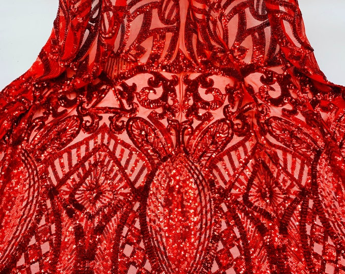 New Red Sequin Fabric By The Yard/ 4 Way Stretch Sequin Fabric/ Embroidered Fabric/Sequins Lace Fabric/ ON Red Mesh Fabric