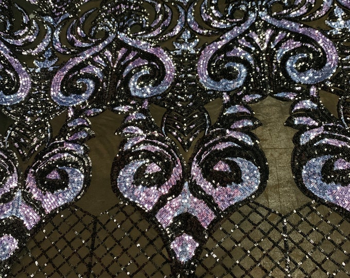 Geometric 4 Way Stretch Sequins Lace Embroidered Fabric By The Yard ( Lavender,Black Iridescent) ON Black Mesh Spandex For Prom Dresses