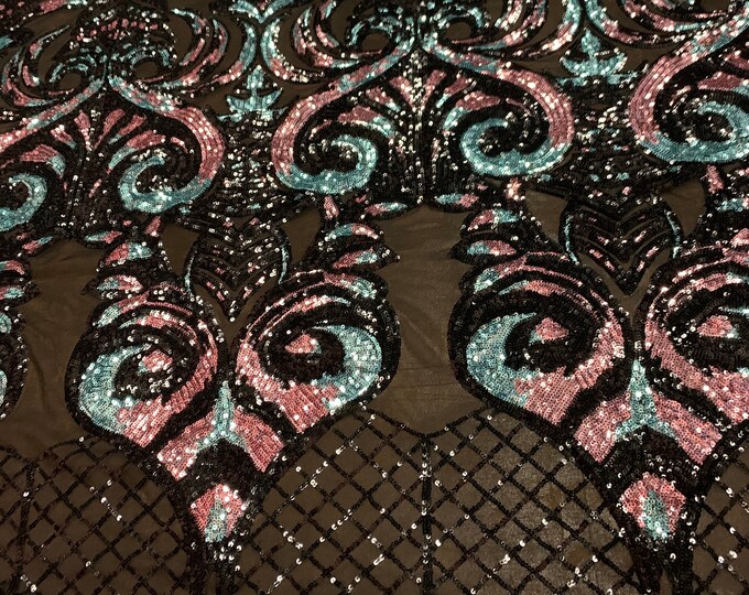 Dusty Rose Iridescent Fabric- 4 Way Stretch Sequin Fabric By The Yard_ Embroidered Lace Fabric On Black Mesh Spandex fabric