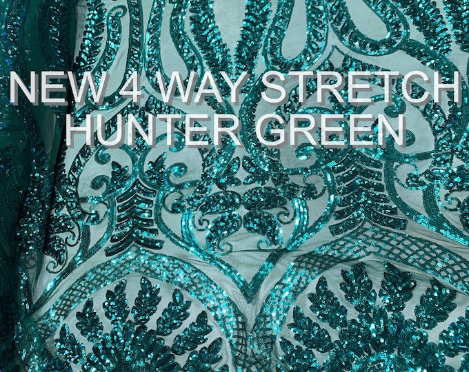 New Stretch SEQUIN FABRIC _ Hunter Green _ Geometric Embroidered Fabric_ 4 Way Stretch Spandex Fabric on Mesh Lace Fabric