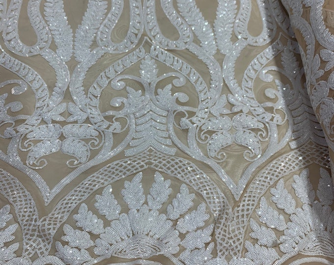 White On Nude Mesh_ Geometric Sequins Spandex_ 4 Way Stretch Sequins Lace Fabric By The Yard_ Clothing Fabric, Wedding Dress, Prom Dress.
