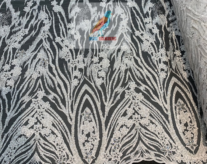White_ MINI Flowers/Floral Beaded Fabric By The Yard//Embroidered Mesh Lace with Beads_ For Wedding Dresses, Prom Dress, Bridal Gowns
