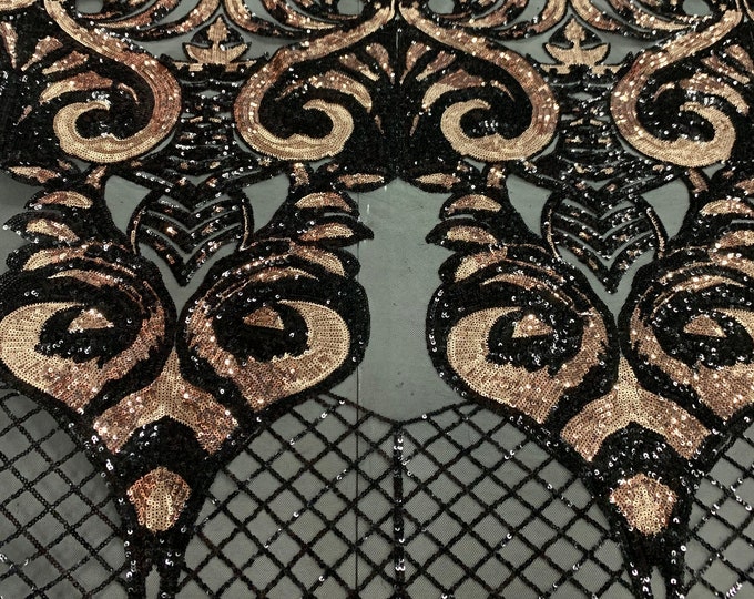 Geometric 4 Way Stretch Sequins Lace Embroidered Fabric By The Yard ( Rose Gold, Black Iridescent) ON Black Mesh Spandex For Wedding Dress