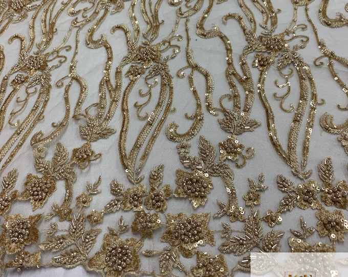 IceFabric_ Light Gold Fabric By The Yard_ Flowers Heavily Beaded Mesh Lace_ Embroidered Floral Hand Beading Lace_ Wedding Dress, Bridal Veil