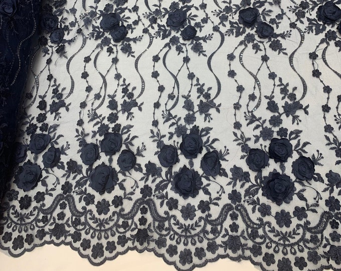 Navy Blue_ Embroidered Fashion Modern 3D Flowers Mesh Lace Fabric By The Yard//Floral Lace/ Handmade Lace/ Corded Flowers Lace/Veil Gowns