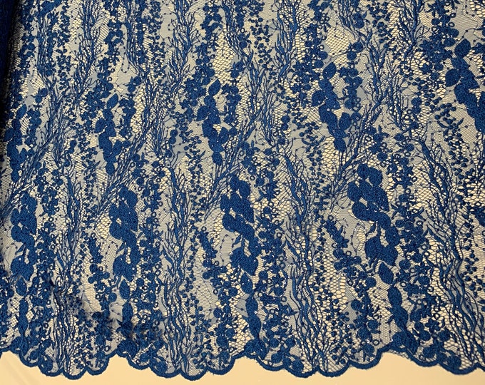 Wedding Dress Fabric (Royal Blue) Sold By The Yard_ Floral Flowers Mesh Lace Embroidery Fabric With Sequins Used for Dresses