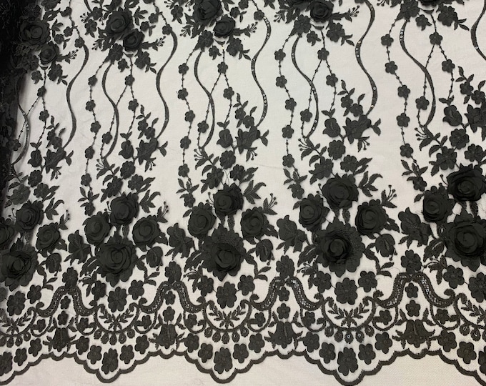 Black Lace_ Embroidered Fashion Modern 3D Flowers Mesh Lace Fabric By The Yard//Floral Lace/ Handmade Lace/ Corded Flowers Lace/Veil Gowns