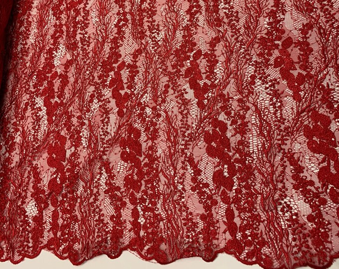 Wedding Dress Fabric (Red) Sold By The Yard_ Floral Flowers Mesh Lace Embroidery Fabric With Sequins Used for Dresses