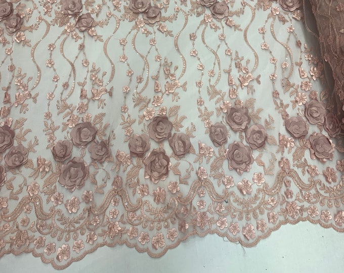 Dusty Rose_ Embroidered Fashion Modern 3D Flowers Mesh Lace Fabric By The Yard//Floral Lace/ Handmade Lace/ Corded Flowers Lace/Veil Gowns