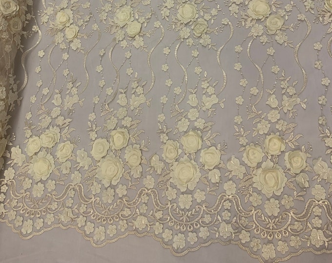 Ivory Lace_ Embroidered Fashion Modern 3D Flowers Mesh Lace Fabric By The Yard//Floral Lace/ Handmade Lace/ Corded Flowers Lace/Veil Gowns