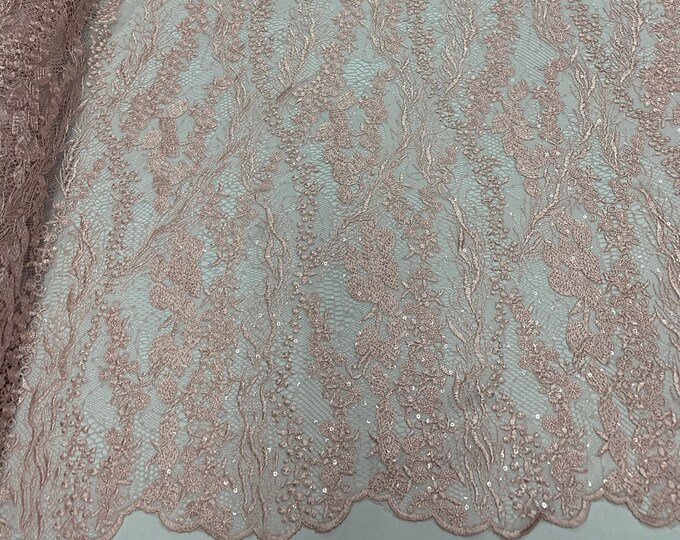 Wedding Dress Fabric (Pink) Sold By The Yard_ Floral Flowers Mesh Lace Embroidery Fabric With Sequins Used for Dresses