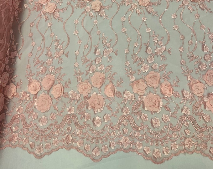 Pink Lace_ Embroidered Fashion Modern 3D Flowers Mesh Lace Fabric By The Yard//Floral Lace/ Handmade Lace/ Corded Flowers Lace/Veil Gowns