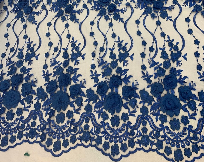 Royal Blue_ Embroidered Fashion Modern 3D Flowers Mesh Lace Fabric By The Yard//Floral Lace/ Handmade Lace/ Corded Flowers Lace/Veil Gowns