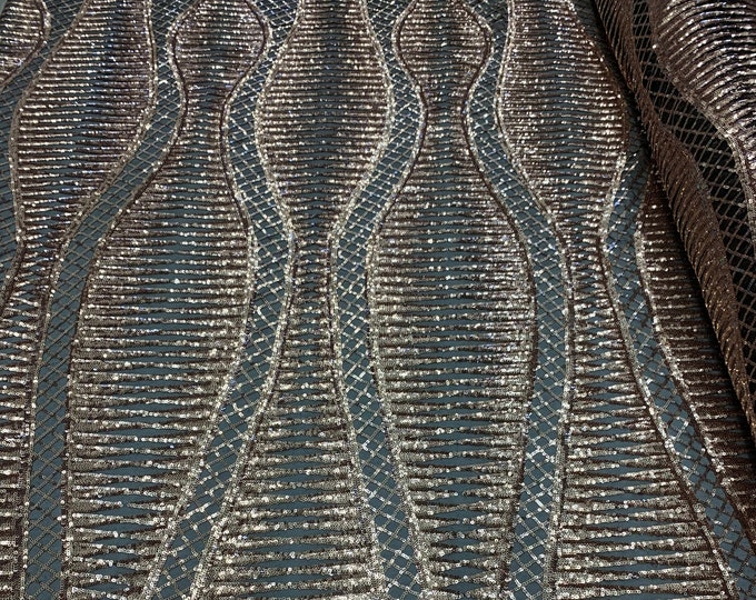 Snake Design_ Bronze Sequins Spandex Mesh 4 Way Stretch Sequins On A Black Mesh// Geometric Embroidered Sequins Lace Fabric By The Yard.