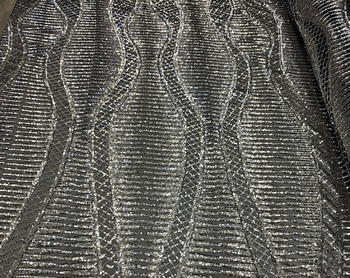 Silver Black Sequin Fabric By The Yard, 4 Way stretch Lace Sequin on Spandex mesh.