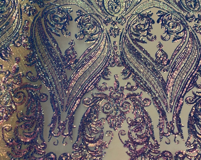 Purple Sequin Fabric By The Yard _ Iridescent Stretch Sequins Fabric_ Embroidered Fabric_ Spandex Fabric_ Nude mesh Fabric_ Lace Fabric