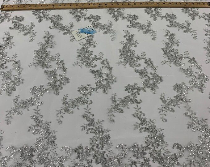 Veil Gowns Fabric Sold By The Yard//Silver Metallic//French Mesh Lace Sequins FABRIC//Corded Flowers Lace// Floral Lace// Embroidered//Dress