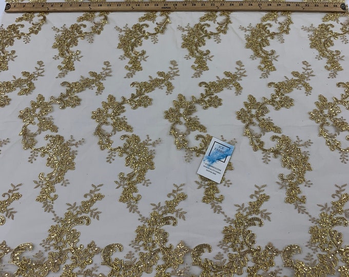 Veil Gowns Fabric Sold By The Yard//Gold Metallic//French Mesh Lace Sequins FABRIC// Corded Flowers Lace// Floral Lace// Embroidered//Dress,