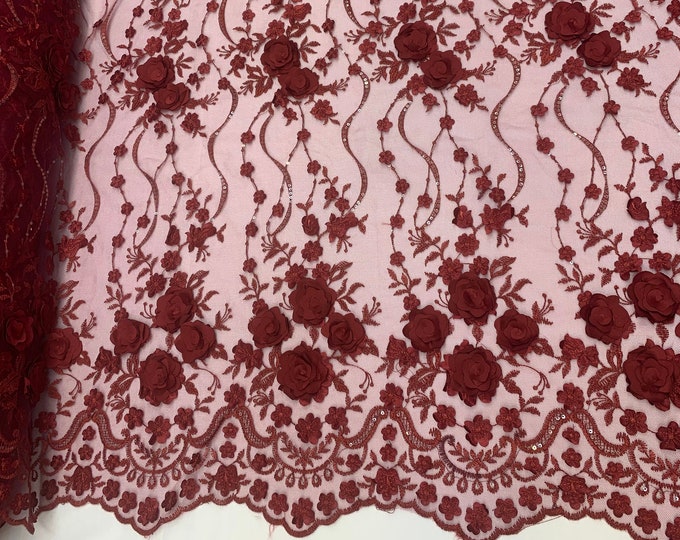 Burgundy_ Embroidered Fashion Modern 3D Flowers Mesh Lace Fabric By The Yard//Floral Lace/ Handmade Lace/ Corded Flowers Lace/Veil Gowns