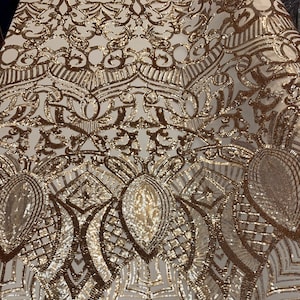 LONDON Design/ (Gold) Spandex Sequins 4 Way Stretch Geometric Mesh Lace Fabric By The Yard/Embroidery Sequins Used For Prom Dress/Veil