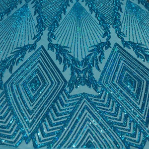 Nieuwe Pailletten Stof - Turquoise Iriserende Stof - 4 Way Stretch Sequin Lace Fabric- Mesh Nylon Spandex Stof op maat gesneden