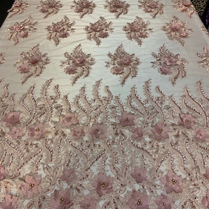 New 3D Beaded Flowers Hand Embroidered Floral Mesh Lace With Sequins By The Yard(Dusty Rose)For Prom Dresses/Tablecloths/Runners/Night Gowns