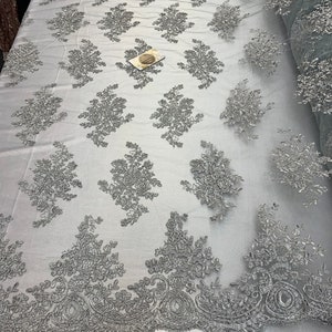 French Design Flower/Floral Mesh Lace (By the Yard)(Half Yard) Embroidery Lace Fabric (Silver) For Tablecloths/ Runners/ Skirts/ Costumes