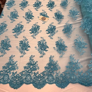 French Design Flower/Floral Mesh Lace (By The Yard)(Half Yard) Embroidery Lace Fabric (Turquoise) For Tablecloths/ Runners/ Skirts/ Costumes