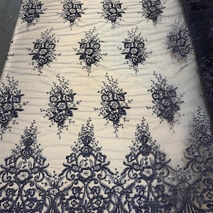 Hand Made Mesh Lace Embroidery Fabric By The Yard (Navy Blue) Flowers/Floral Lace Soft Mesh For Tablecloths, Runners, Skirts,Costumes, Decor