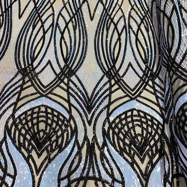 New Peacock_ STRETCH SEQUINS Fabric By The Yard_ Embroider 4 Way Stretch Iridescent (Sky Blue,Black) On (Nude) Power Mesh Lace Spandex