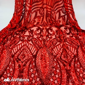 New Red Sequin Fabric By The Yard/ 4 Way Stretch Sequin Fabric/ Embroidered Fabric/Sequins Lace Fabric/ ON Red Mesh Fabric