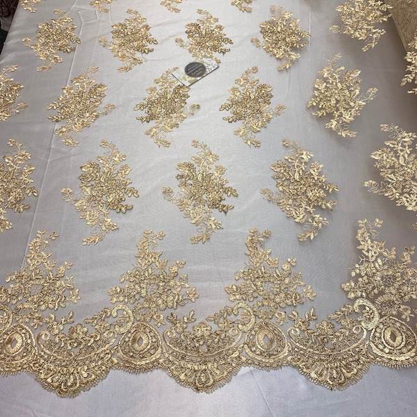 French Design Flower/Floral Mesh Lace (By the yard Embroidery Lace Fabric (Gold) For Tablecloths/ Runners/ Skirts/ Costumes